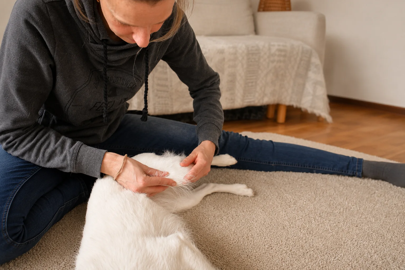Sylvia Schreiber behandelt mit den Händen einen weißen Hund, der entspannt auf einem Teppich im Wohnzimmer liegt