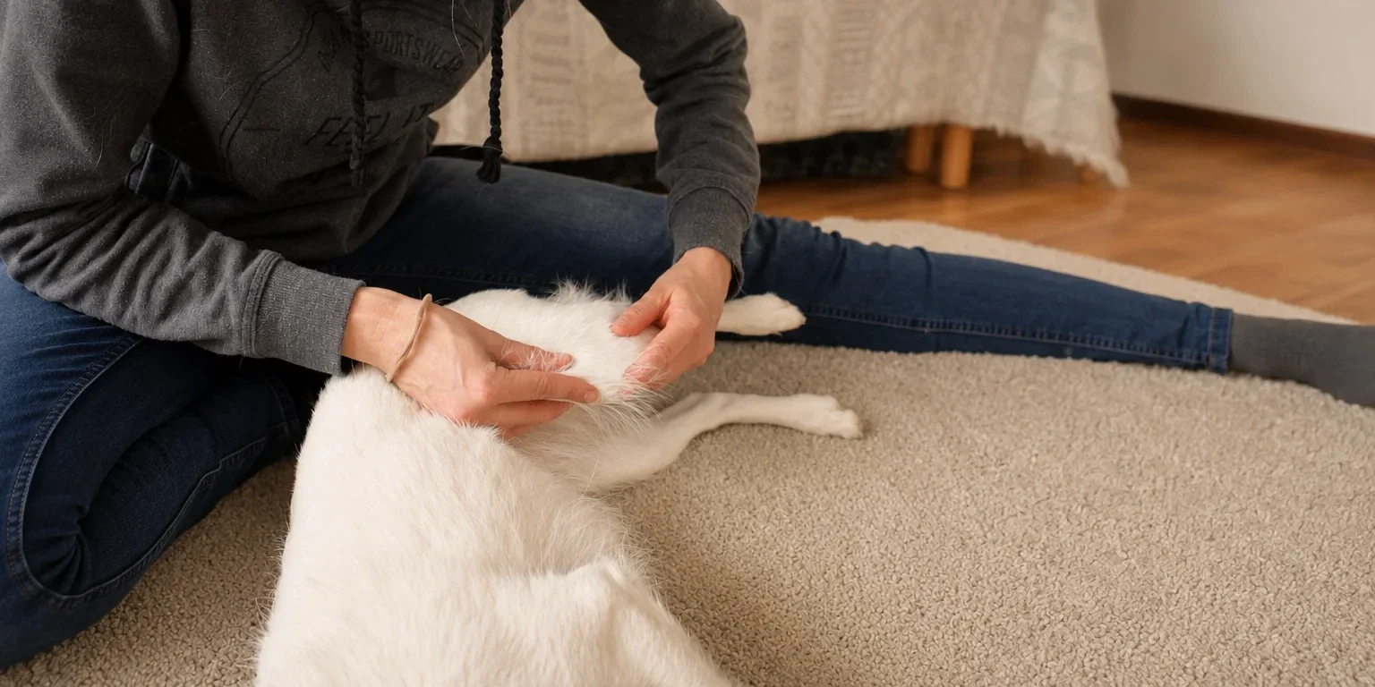 Sylvia Schreiber behandelt mit den Händen einen weißen Hund, der entspannt auf einem Teppich im Wohnzimmer liegt