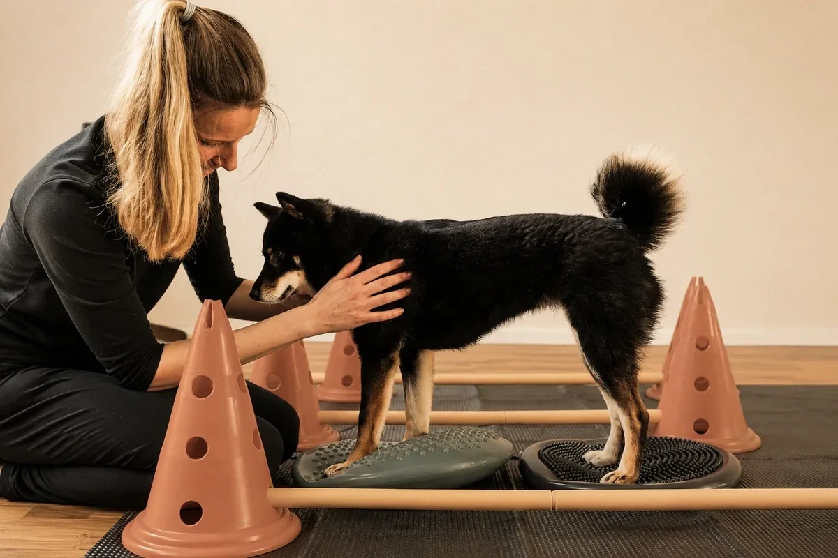 Sylvia Schreiber leitet einen schwarzen Hund an, der zum Koordinationstraining auf zwei Balancekissen steht